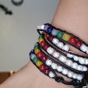 Rainbow chakra and lab pearl wrap